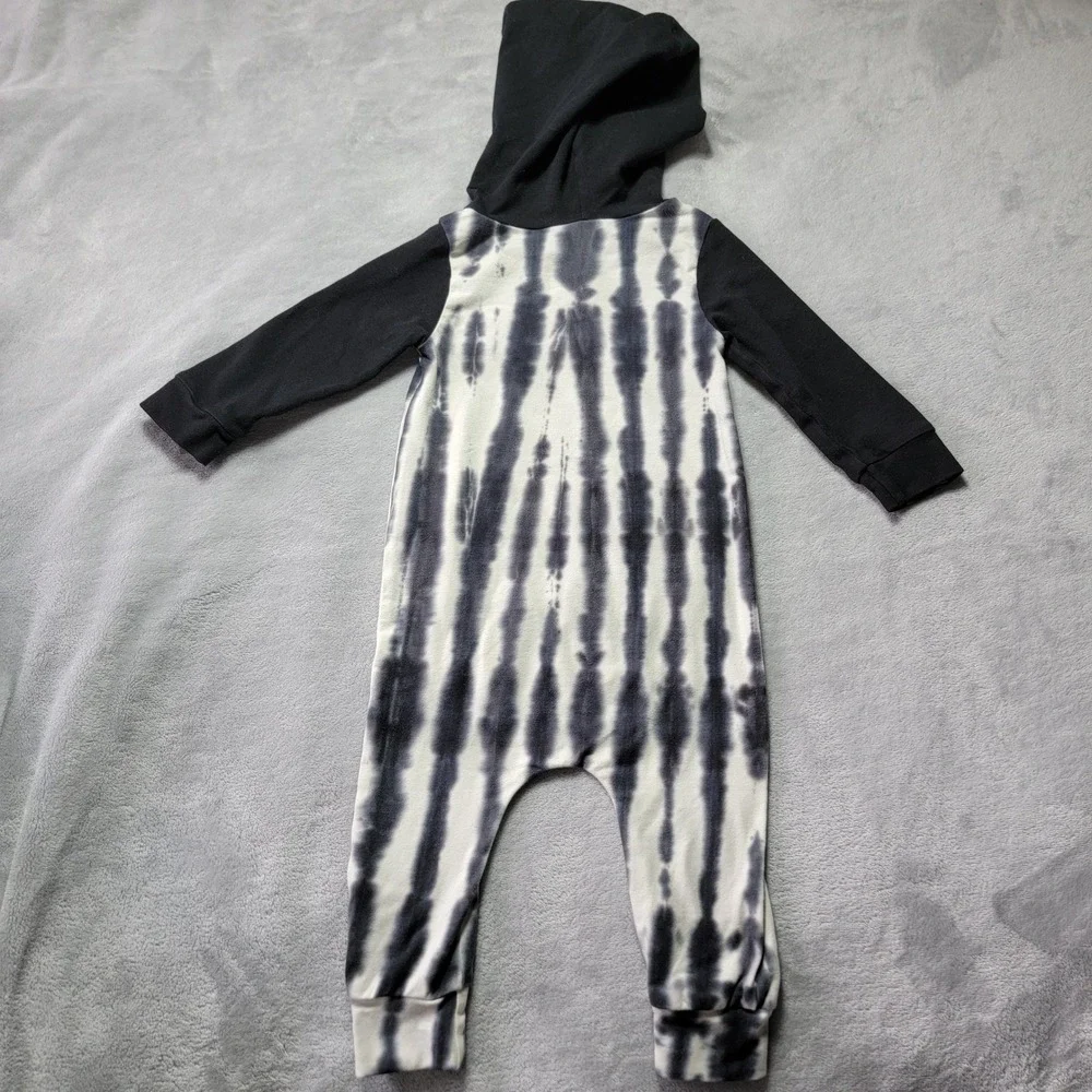 Rags Kids Black White Vertical Tie Dye Long Sleeve Hooded Romper Jumpsuit 18-24M